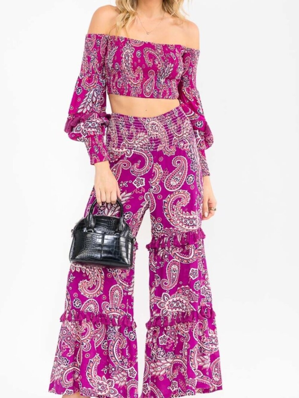 Magenta Paisley Off-Shoulder Crop Top and Palazzo Pants with tassels